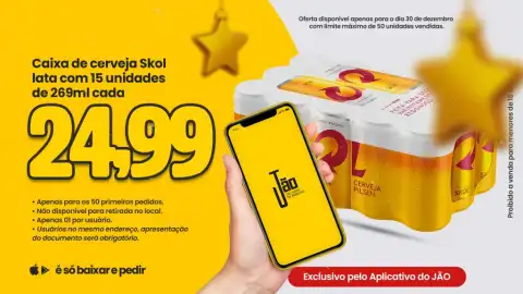 Oferta Exclusiva: Caixa de Skol com 15 Unidades por R$24,99 no App Jão Delivery de Bebidas; 50 primeiros pedidos